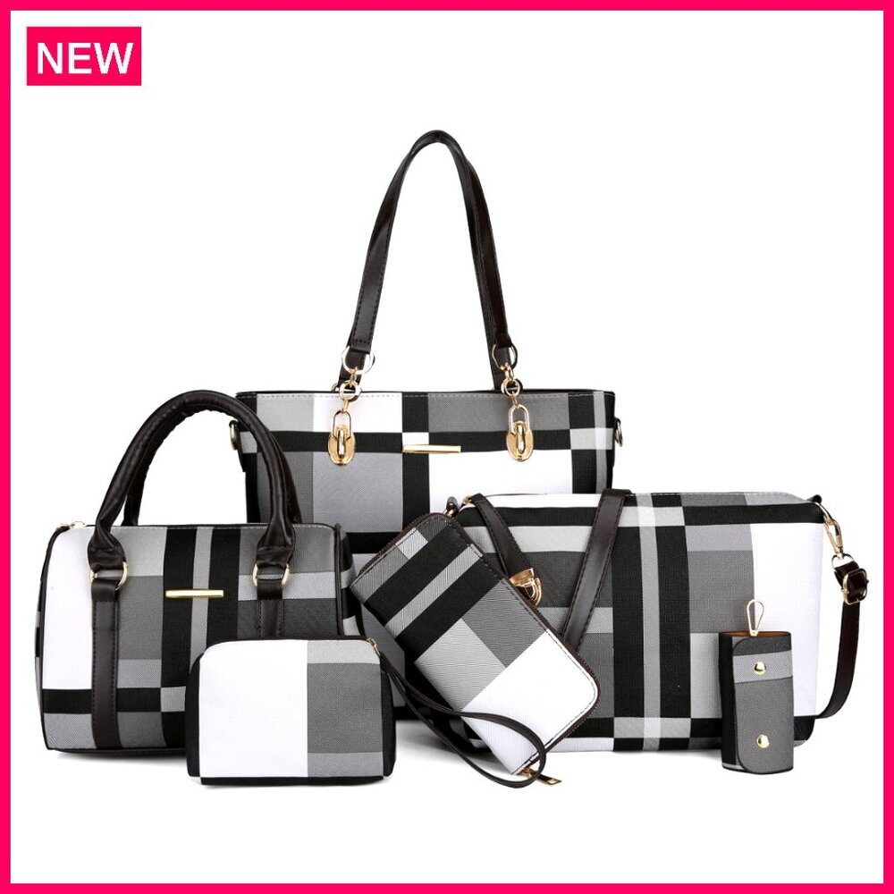 6-Piece Faux Leather Purse Set With Tote, Shoulder Bag, Clutch, And Accessories
